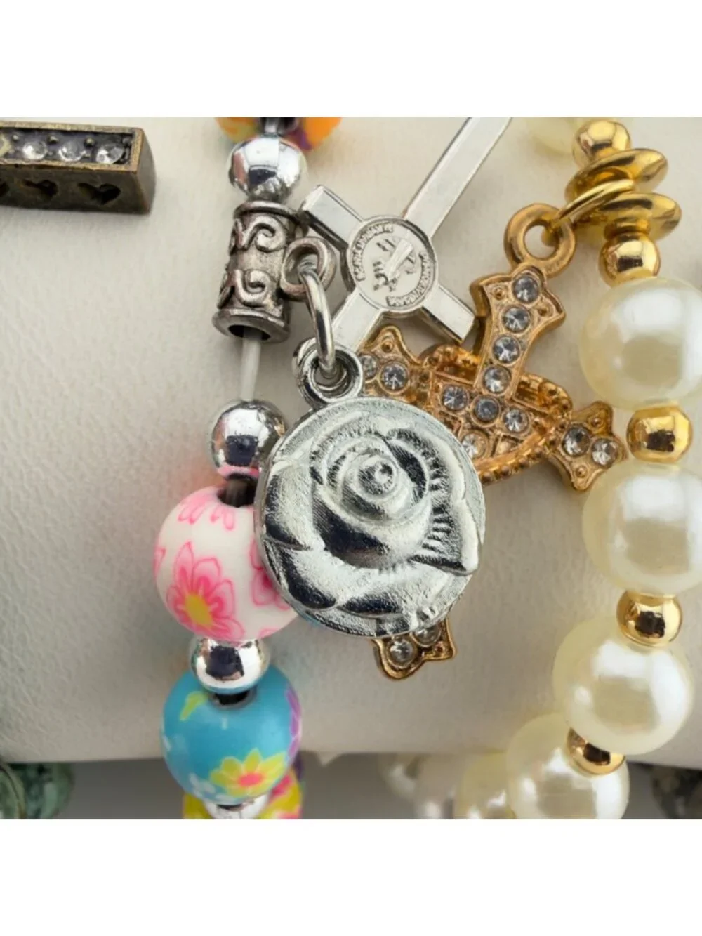 Mixed Cross Charm Beaded Stretch Bracelets Set Of 6 Multicolor